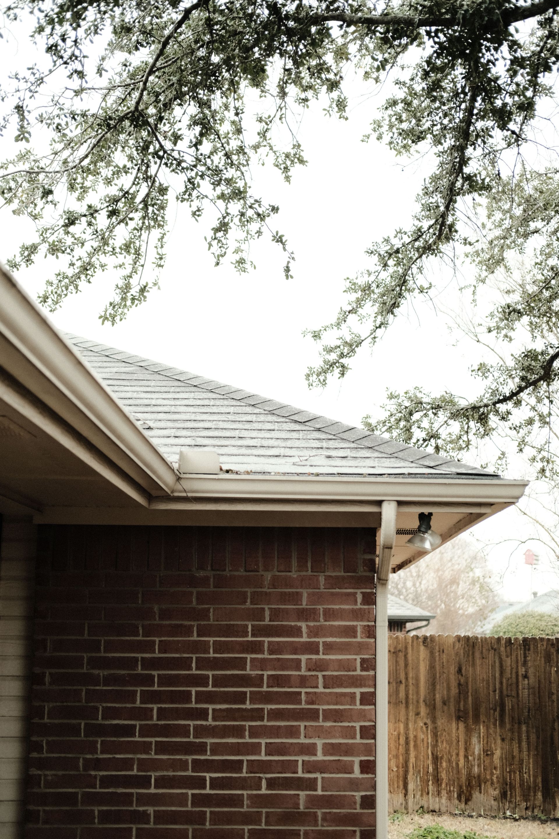 A serene view of a red brick house corner with overhanging tree branches.
